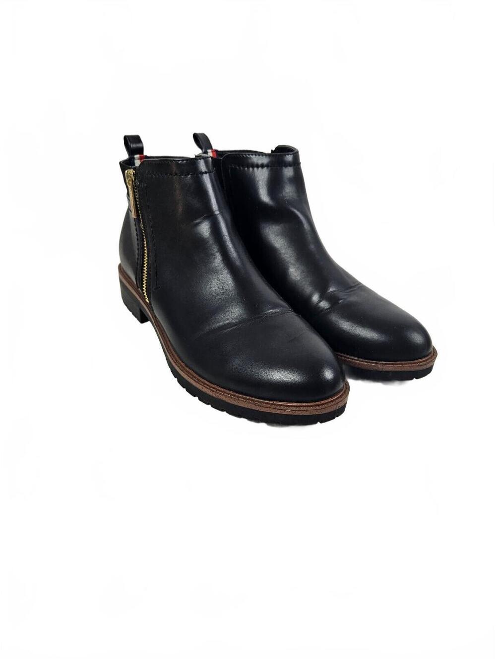 Tommy Hilfiger Fawn2 Black Faux Leather Ankle Boots with Gold Zipper-Women's 10M